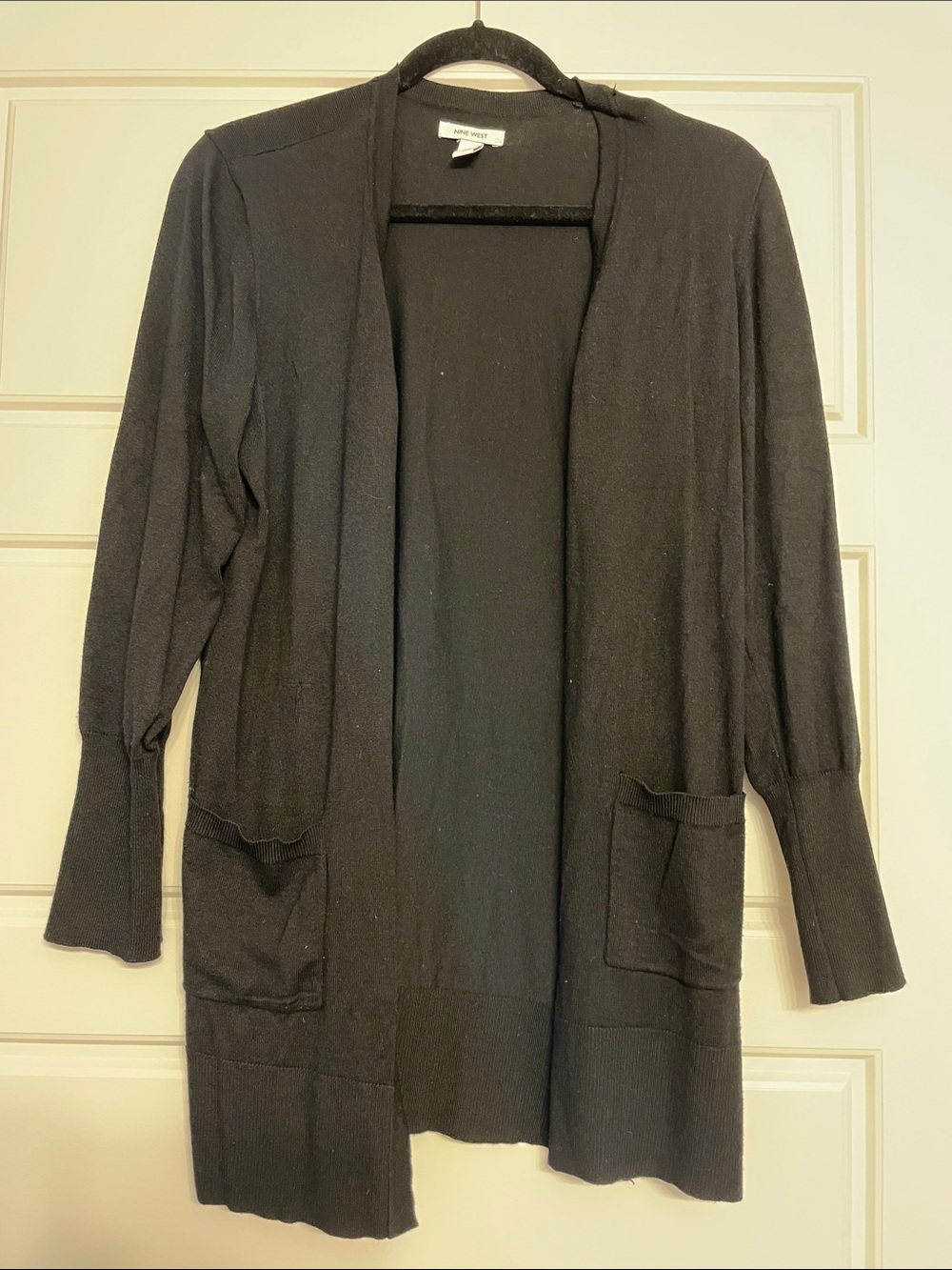 Nine West Black Open-Front Long Cardigan with Patch Pockets